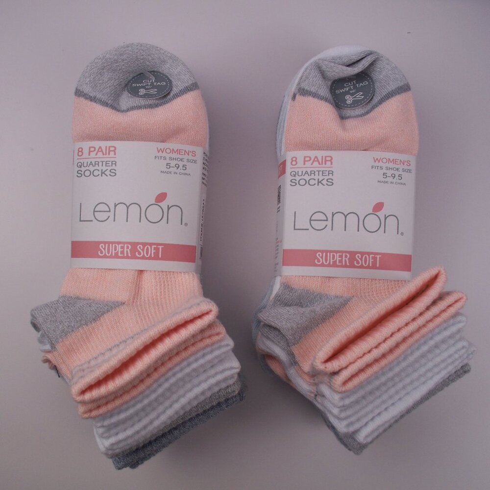 16-Pair Lemon Super Soft Ladies' Quarter Crew Socks (2 Peach Packs)